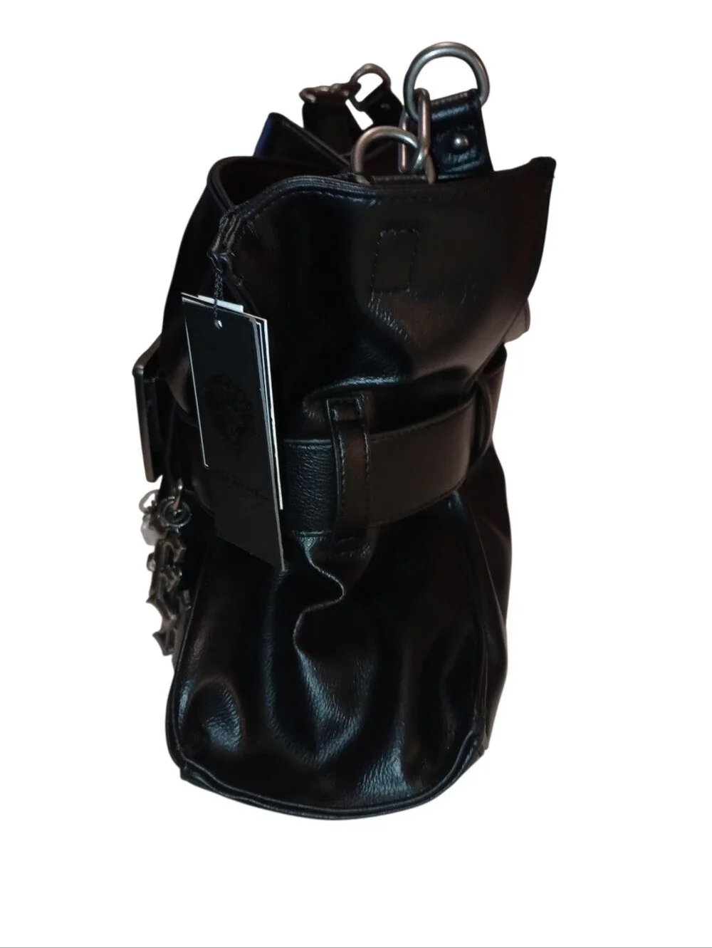 Ed Hardy Black Faux Leather Belted Shoulder Bag with Chain Charm, NWT